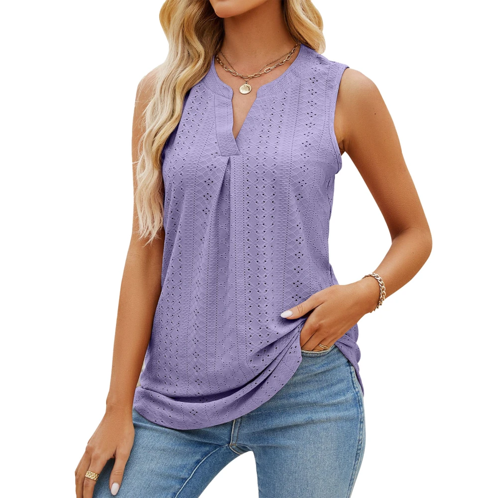 V Neck Pleated Tank Top Women Stylish Casual Elegant Pure Color Hollow Sleeveless Shirt for Office Work Purple S