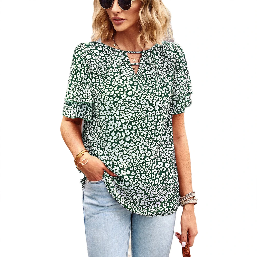 Layered Ruffle Sleeve Blouse V Neck Hollow Floral Printed Casual Fitted Blouse Shirt for Women Summer Dark Green L