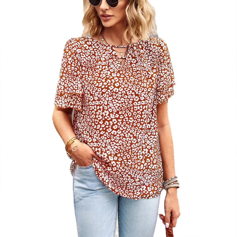 Layered Ruffle Sleeve Blouse V Neck Hollow Floral Printed Casual Fitted Blouse Shirt for Women Summer Brown S