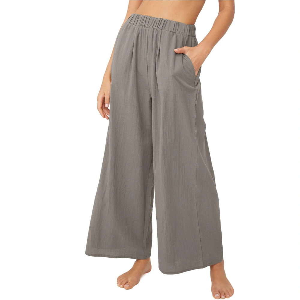 Women Wide Leg Pants Elastic High Waist Loose Fit Pure Color Lady Casual Pants with Pockets for Spring Summer Gray XL