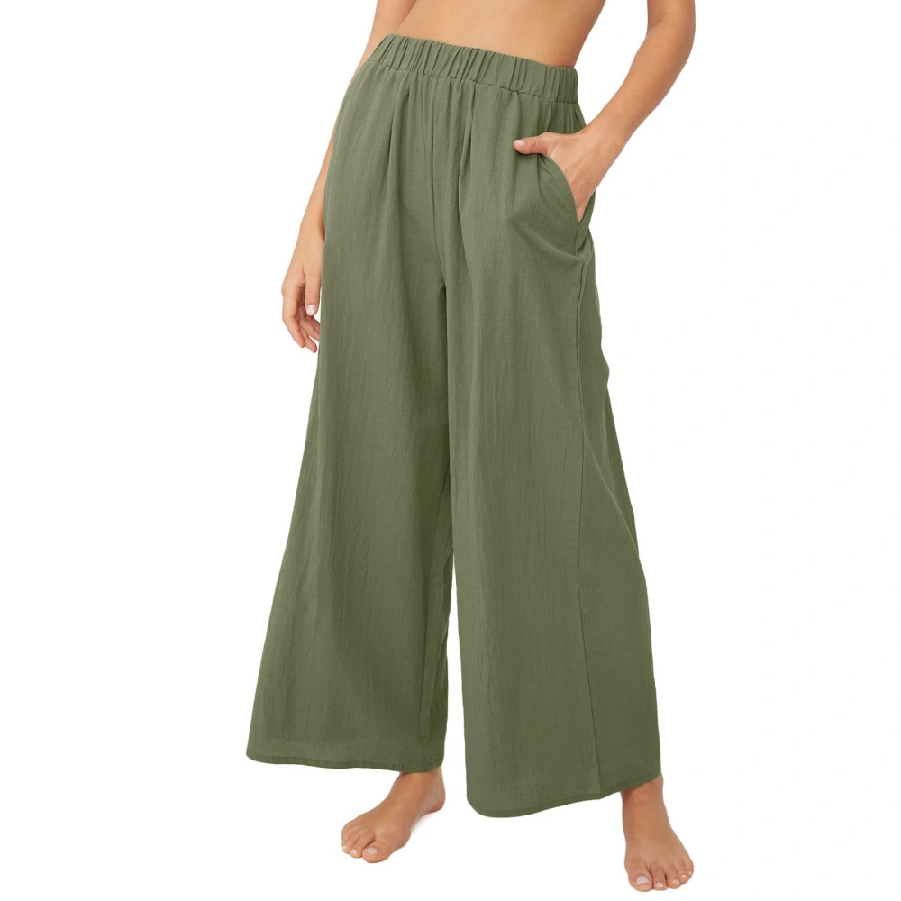 Women Wide Leg Pants Elastic High Waist Loose Fit Pure Color Lady Casual Pants with Pockets for Spring Summer Green 2XL