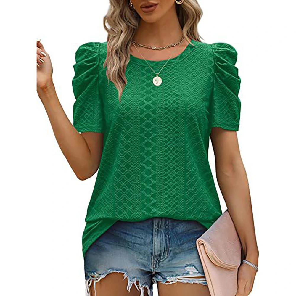 Puff Sleeve Blouse Round Collar Short Sleeved Pure Color Loose Tunic Blouse Shirt for Summer Green XXL