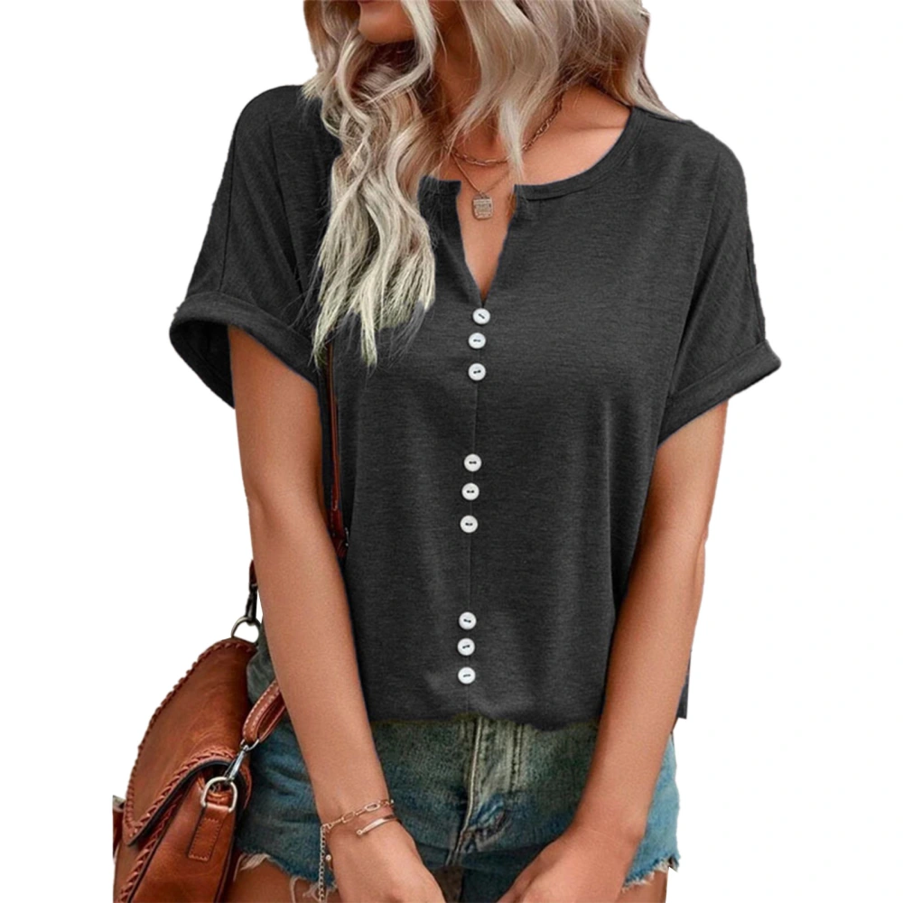 Summer Top Button Front Short Sleeve V Neck Breathable Comfortable Casual T Shirt Dark Gray L