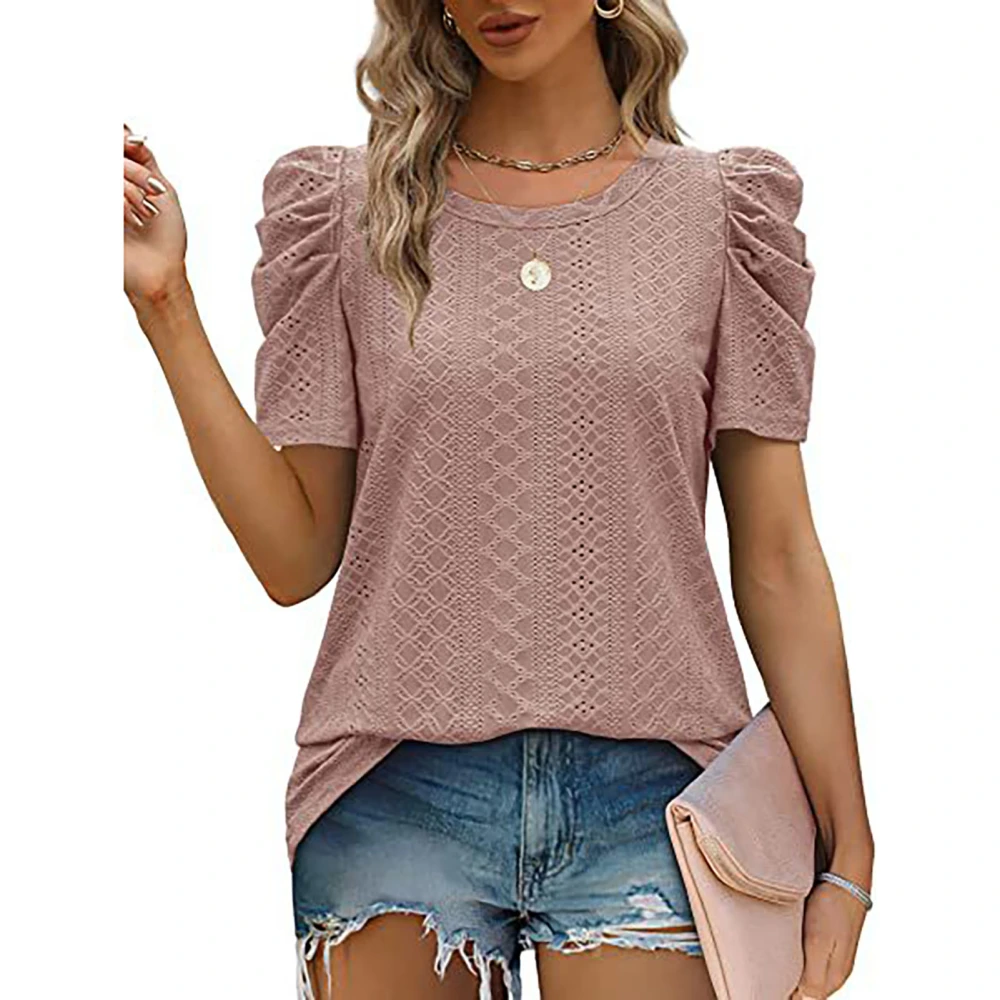 Puff Sleeve Blouse Round Collar Short Sleeved Pure Color Loose Tunic Blouse Shirt for Summer Pink M