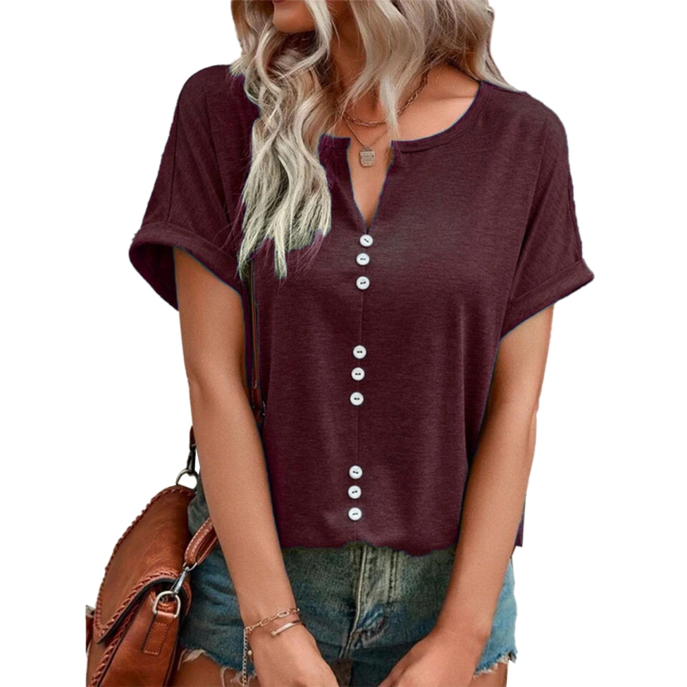 Summer Top Button Front Short Sleeve V Neck Breathable Comfortable Casual T Shirt Dark Red M