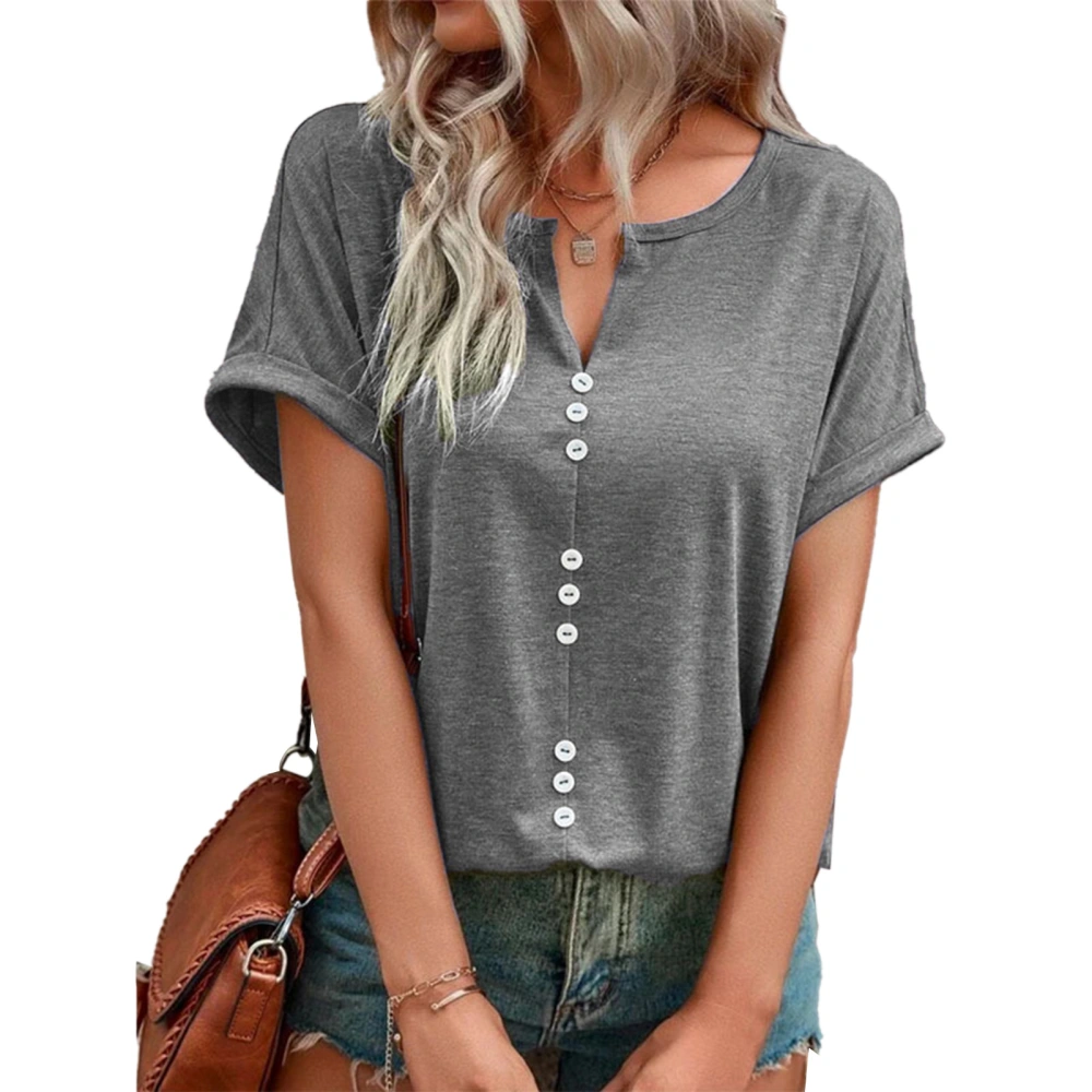 Summer Top Button Front Short Sleeve V Neck Breathable Comfortable Casual T Shirt Grey S