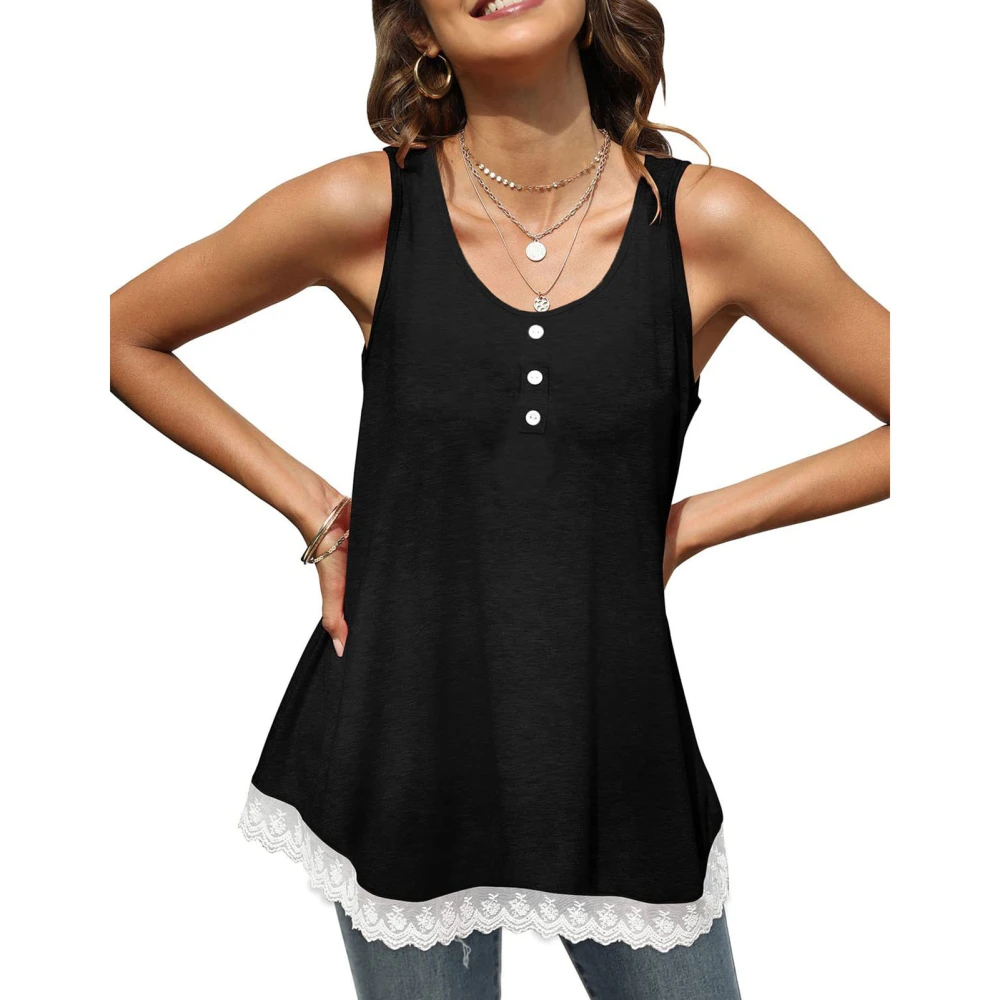 Women Lace Splicing Blouse Round Neck Button Comfortable Female Crewneck Sleeveless Top Black L