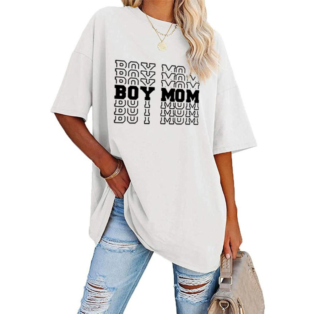 Short Sleeve Printed Blouse Round Neck Letter Pattern Drop Shoulder Oversized Casual Blouse Shirt White XXL