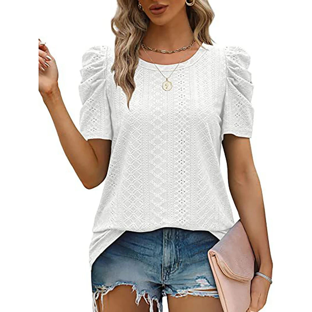 Puff Sleeve Blouse Round Collar Short Sleeved Pure Color Loose Tunic Blouse Shirt for Summer White XL