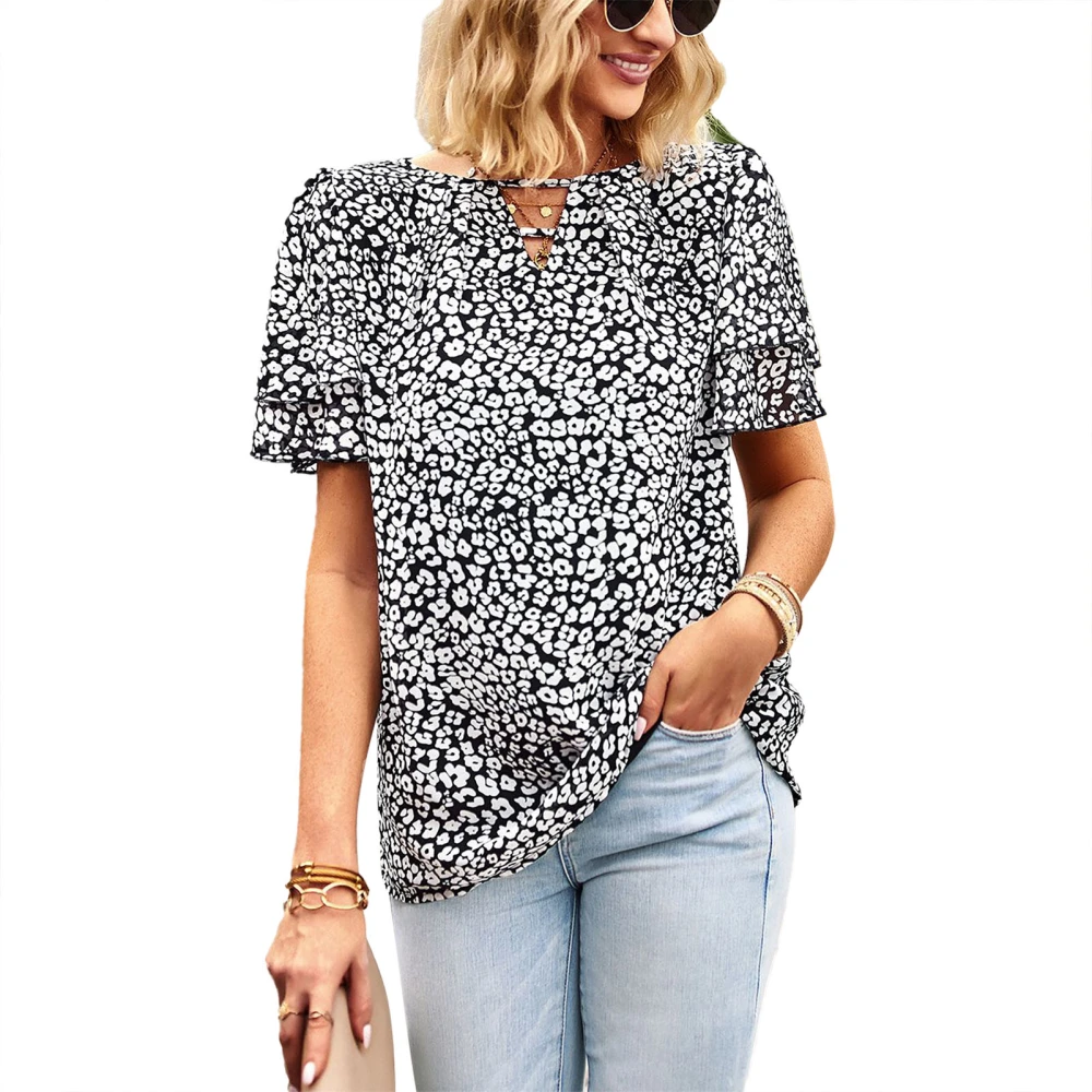 Layered Ruffle Sleeve Blouse V Neck Hollow Floral Printed Casual Fitted Blouse Shirt for Women Summer Black S