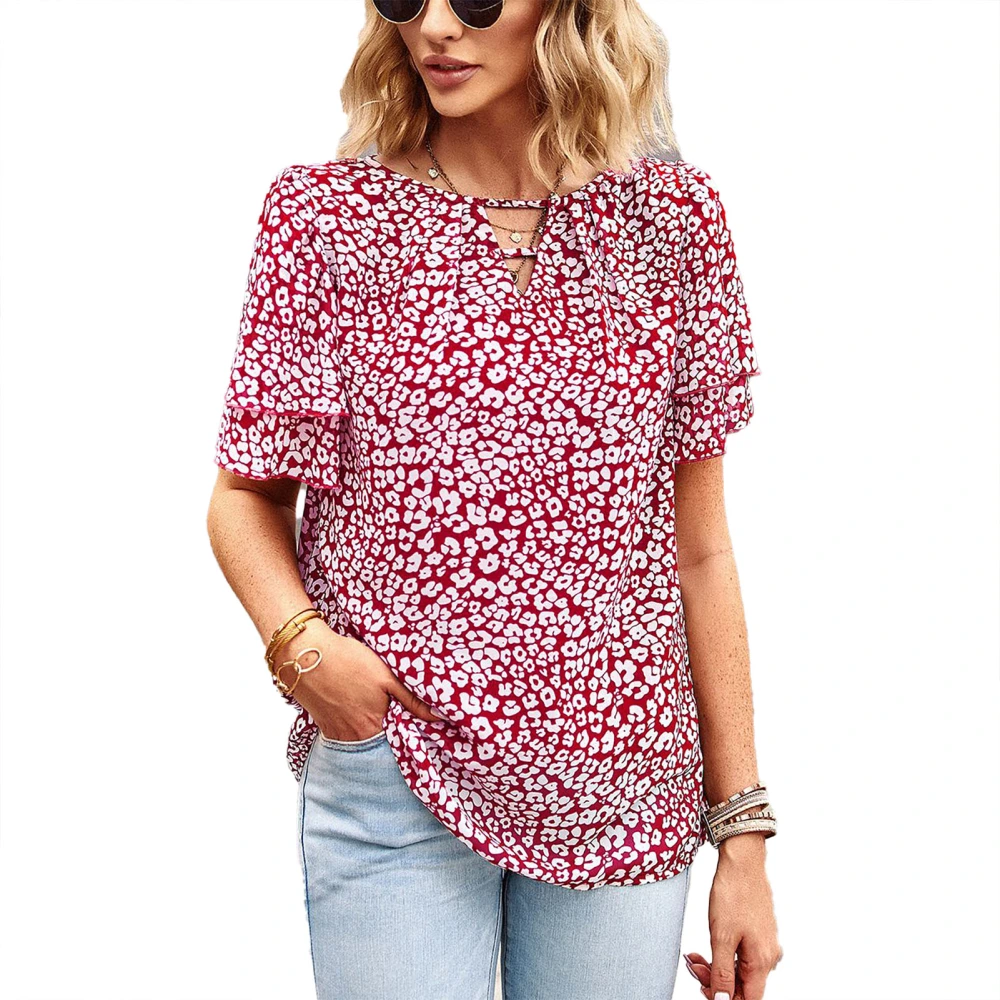 Layered Ruffle Sleeve Blouse V Neck Hollow Floral Printed Casual Fitted Blouse Shirt for Women Summer Burgundy M