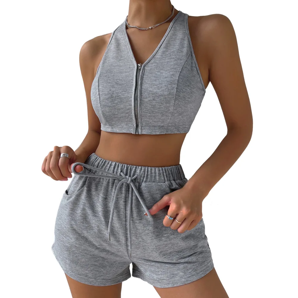 Women Casual Tank Top Shorts Set Sleeveless V Neck Zipper Shirt Elastic Pants for Spring Summer Dark Grey M