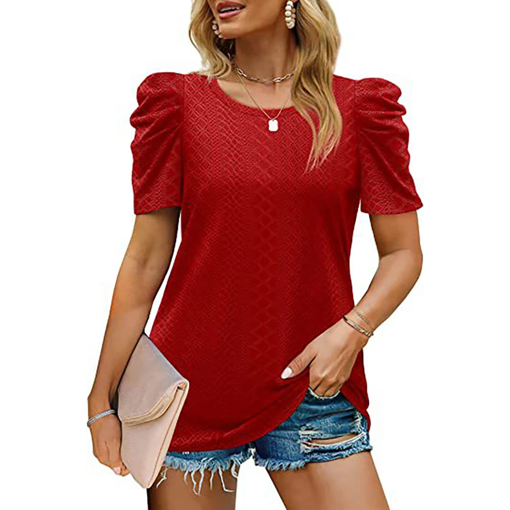 Puff Sleeve Blouse Round Collar Short Sleeved Pure Color Loose Tunic Blouse Shirt for Summer Red L