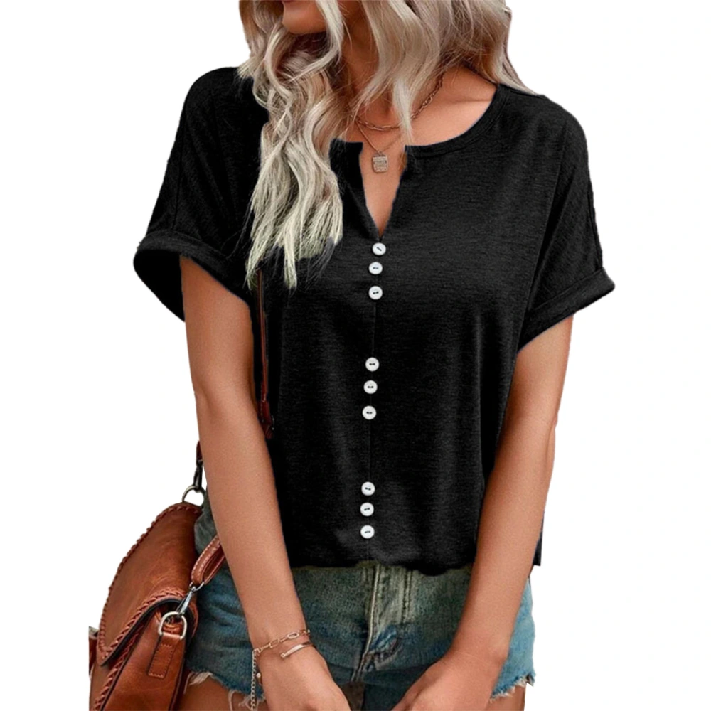 Summer Top Button Front Short Sleeve V Neck Breathable Comfortable Casual T Shirt Black XL