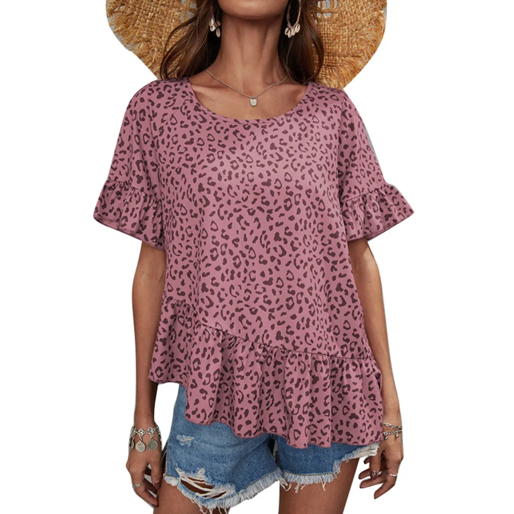 Ruffle Leopard Printed Blouse Oblique Hem Short Sleeved Round Neck Casual Blouse Top for Women Summer Pink XS