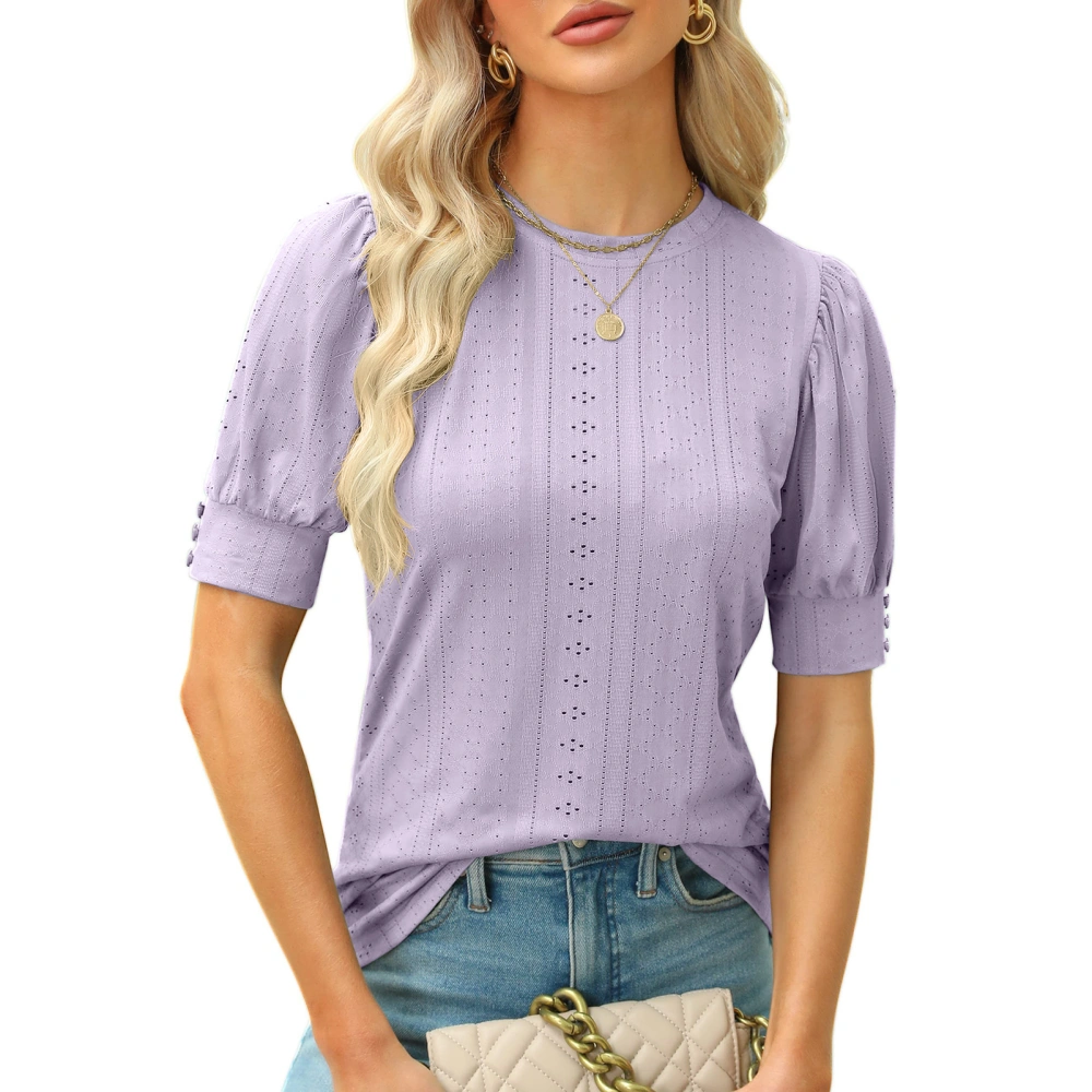 Women Top Short Puff Sleeve Round Neck Hollow Out Pure Color Lady Casual Shirt for Summer Daily Work Purple L