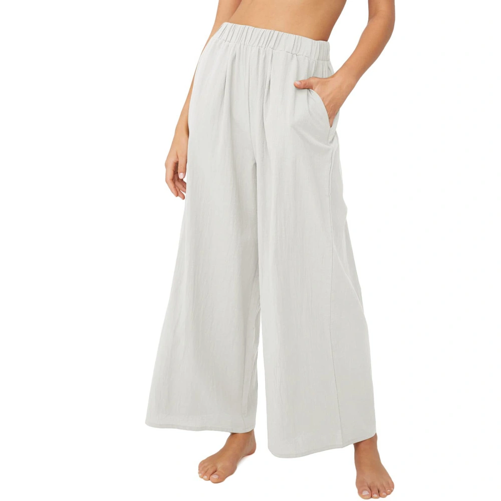 Women Wide Leg Pants Elastic High Waist Loose Fit Pure Color Lady Casual Pants with Pockets for Spring Summer White 3XL