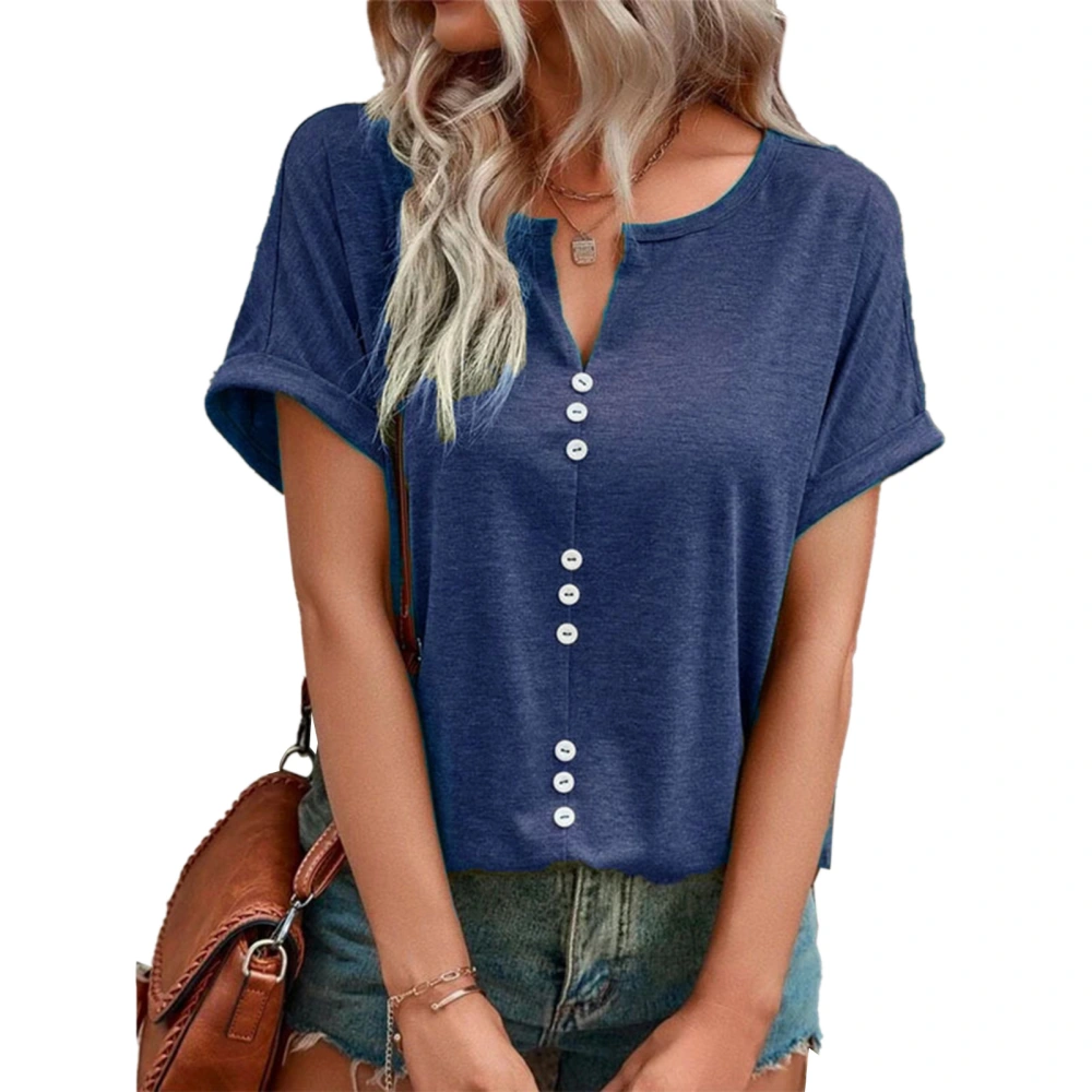 Summer Top Button Front Short Sleeve V Neck Breathable Comfortable Casual T Shirt Dark Blue M