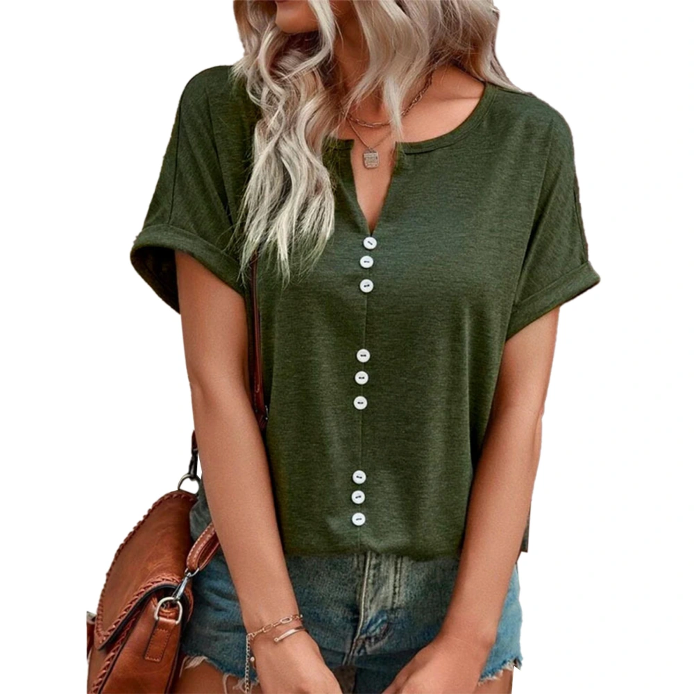 Summer Top Button Front Short Sleeve V Neck Breathable Comfortable Casual T Shirt OD Green M