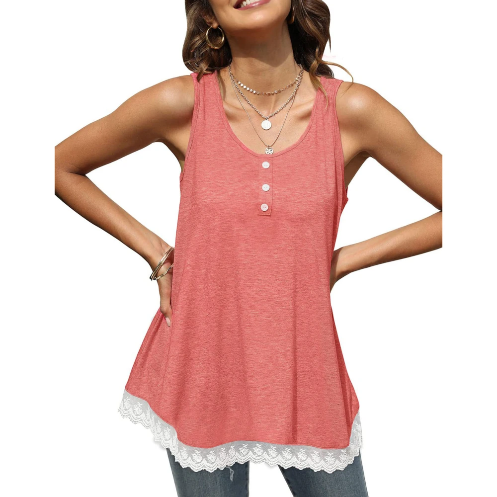 Women Lace Splicing Blouse Round Neck Button Comfortable Female Crewneck Sleeveless Top Pink M