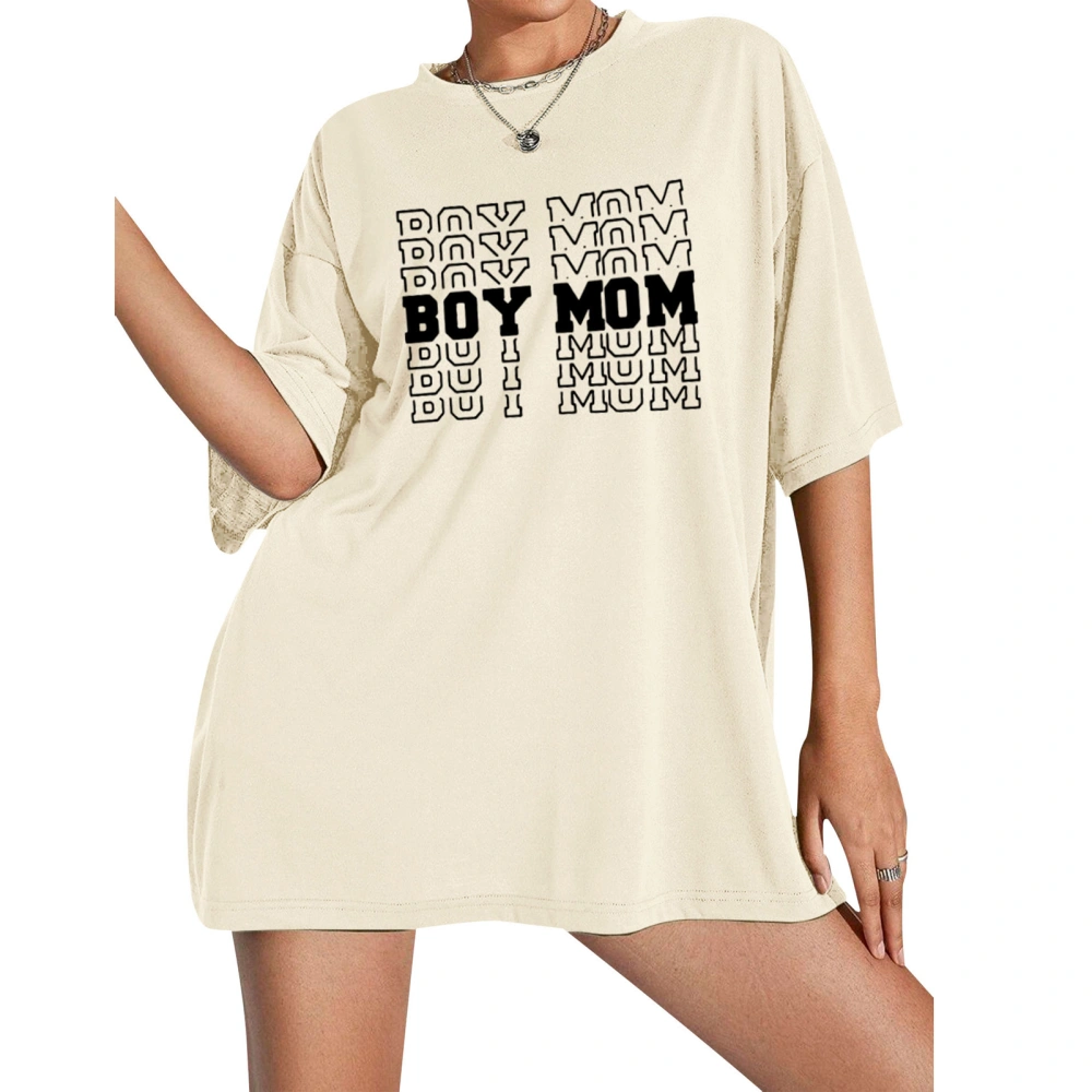 Short Sleeve Printed Blouse Round Neck Letter Pattern Drop Shoulder Oversized Casual Blouse Shirt Light Yellow L