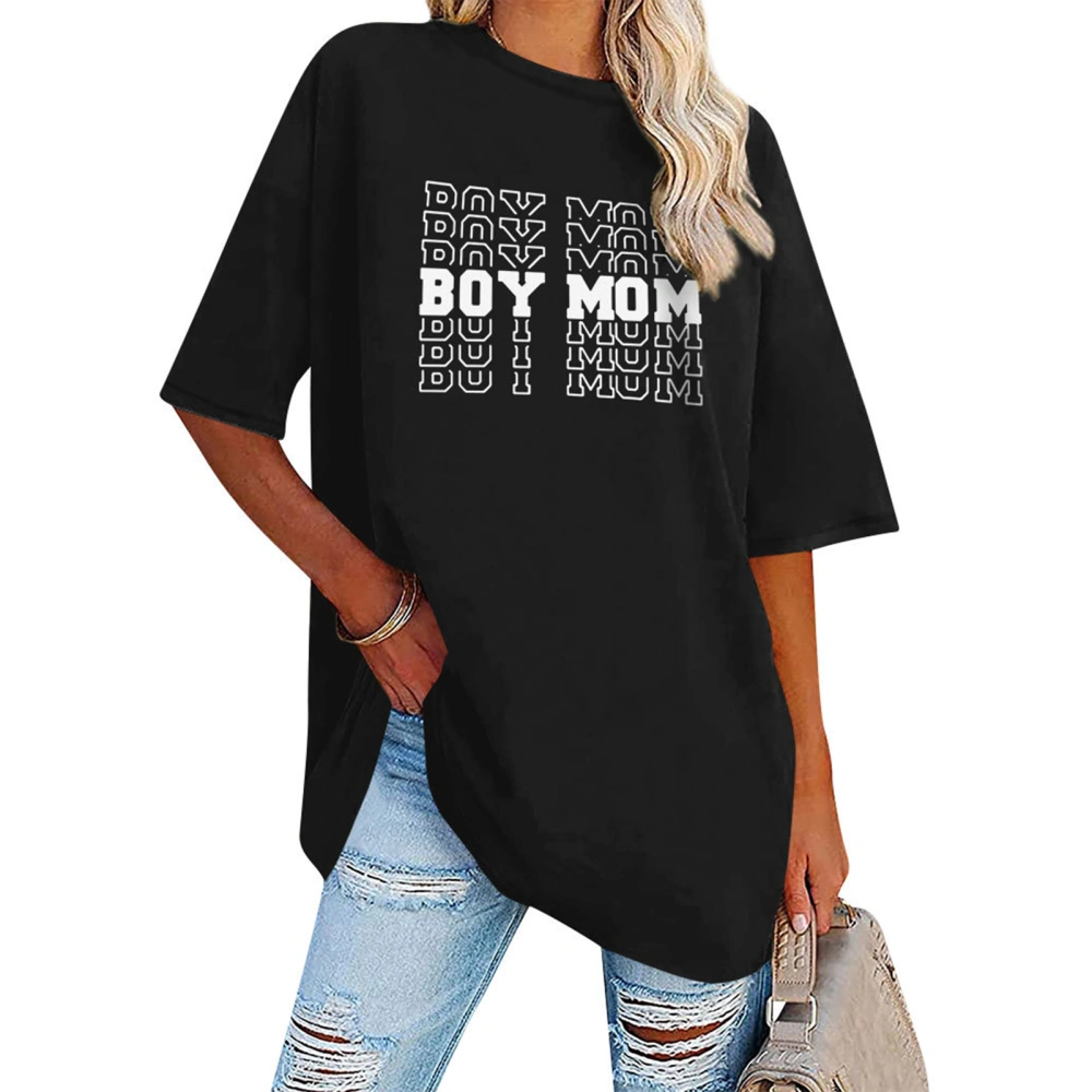 Short Sleeve Printed Blouse Round Neck Letter Pattern Drop Shoulder Oversized Casual Blouse Shirt Black XXL