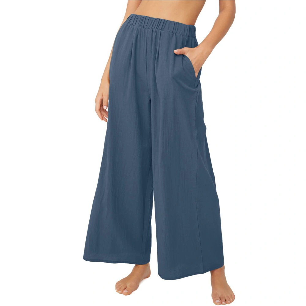 Women Wide Leg Pants Elastic High Waist Loose Fit Pure Color Lady Casual Pants with Pockets for Spring Summer Blue S