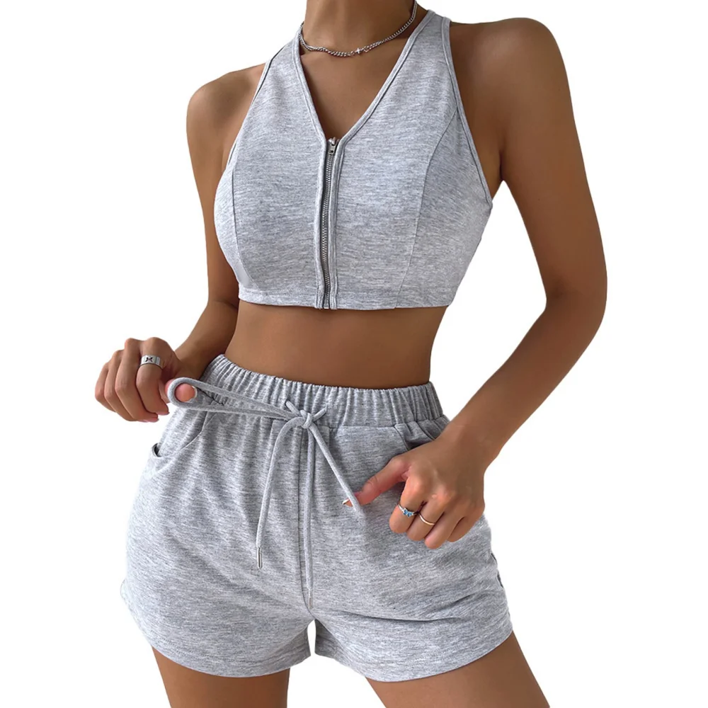 Women Casual Tank Top Shorts Set Sleeveless V Neck Zipper Shirt Elastic Pants for Spring Summer Light Grey XL