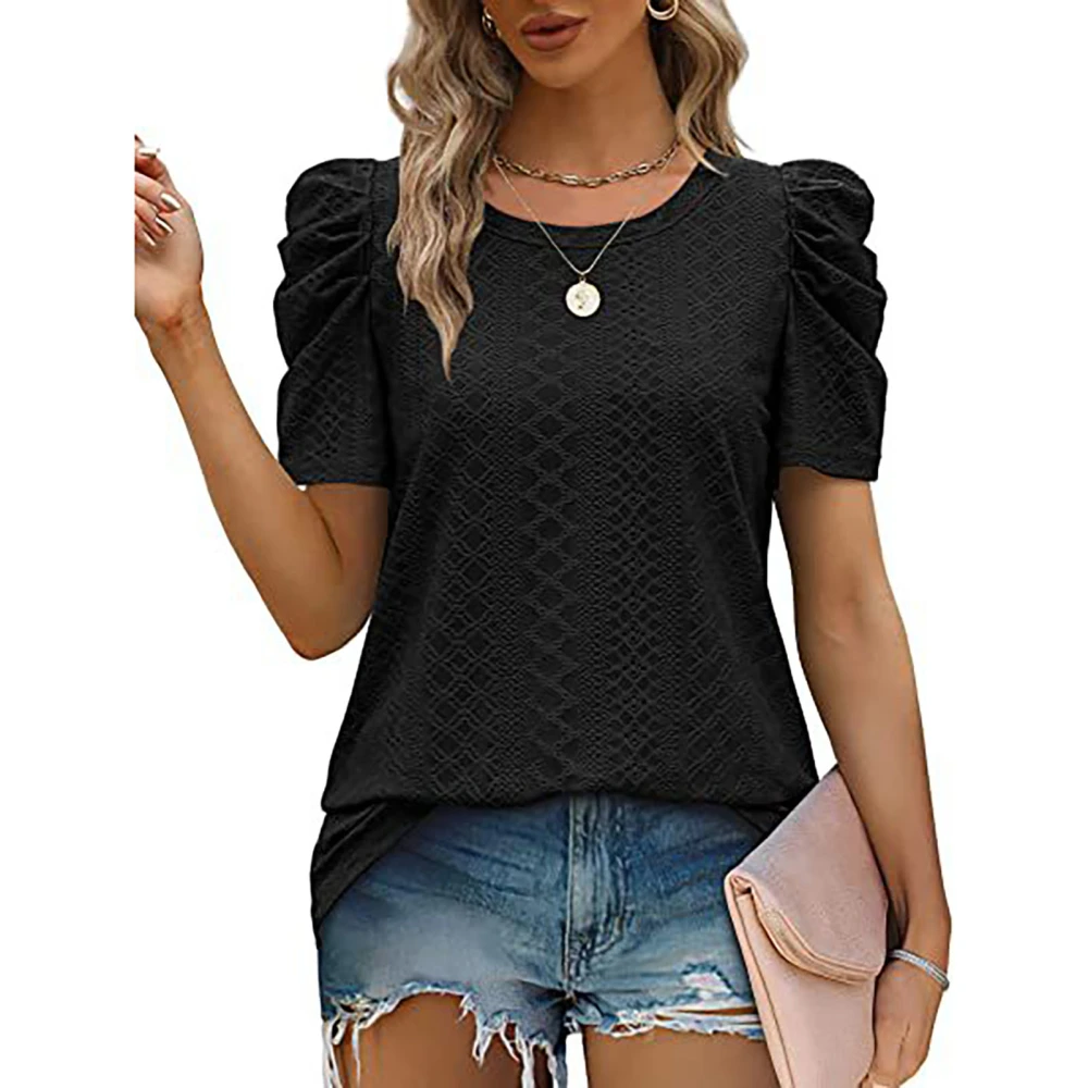 Puff Sleeve Blouse Round Collar Short Sleeved Pure Color Loose Tunic Blouse Shirt for Summer Black XXL