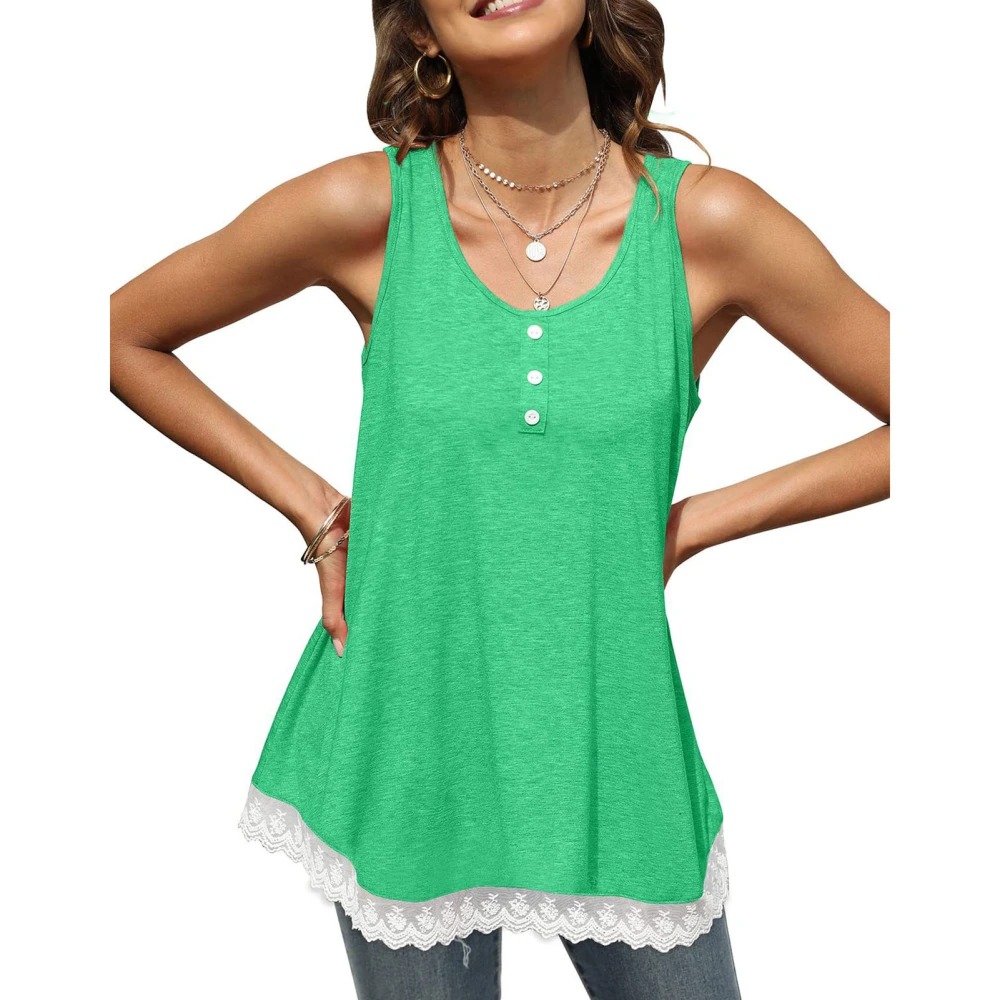 Women Lace Splicing Blouse Round Neck Button Comfortable Female Crewneck Sleeveless Top Green XXL