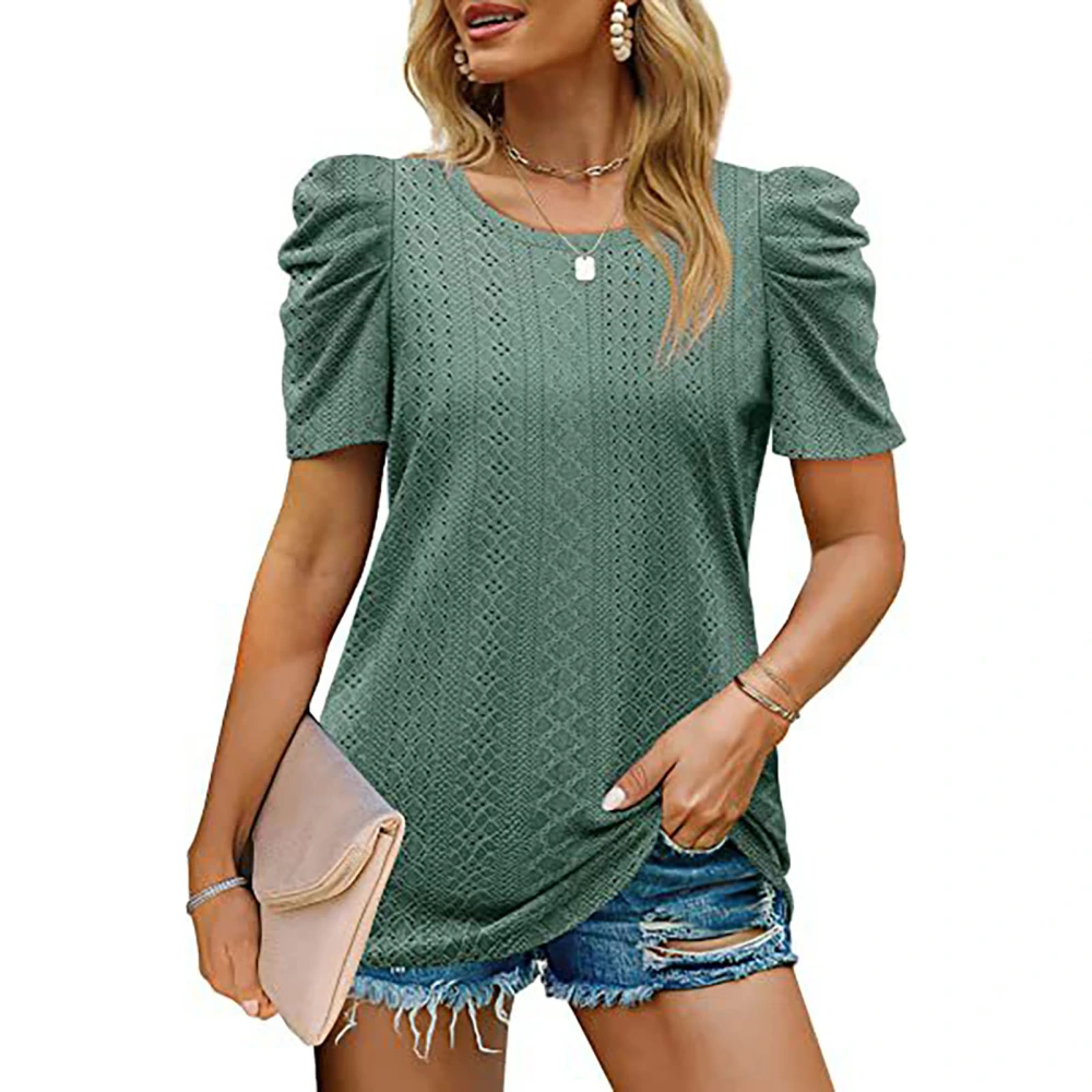 Puff Sleeve Blouse Round Collar Short Sleeved Pure Color Loose Tunic Blouse Shirt for Summer Pea Green XL