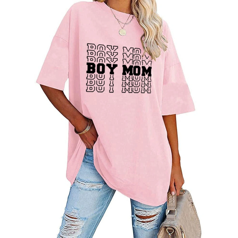 Short Sleeve Printed Blouse Round Neck Letter Pattern Drop Shoulder Oversized Casual Blouse Shirt Pink XL