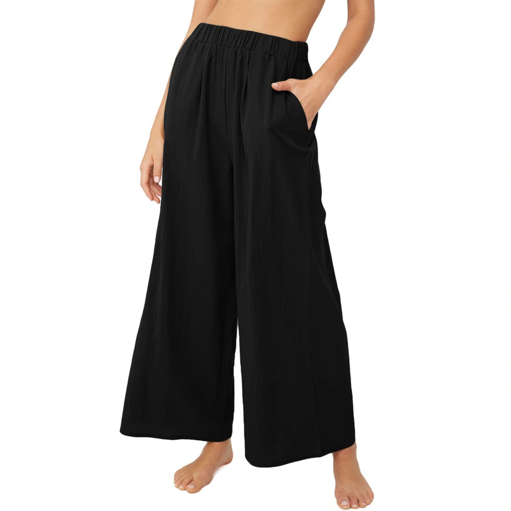 Women Wide Leg Pants Elastic High Waist Loose Fit Pure Color Lady Casual Pants with Pockets for Spring Summer Black M