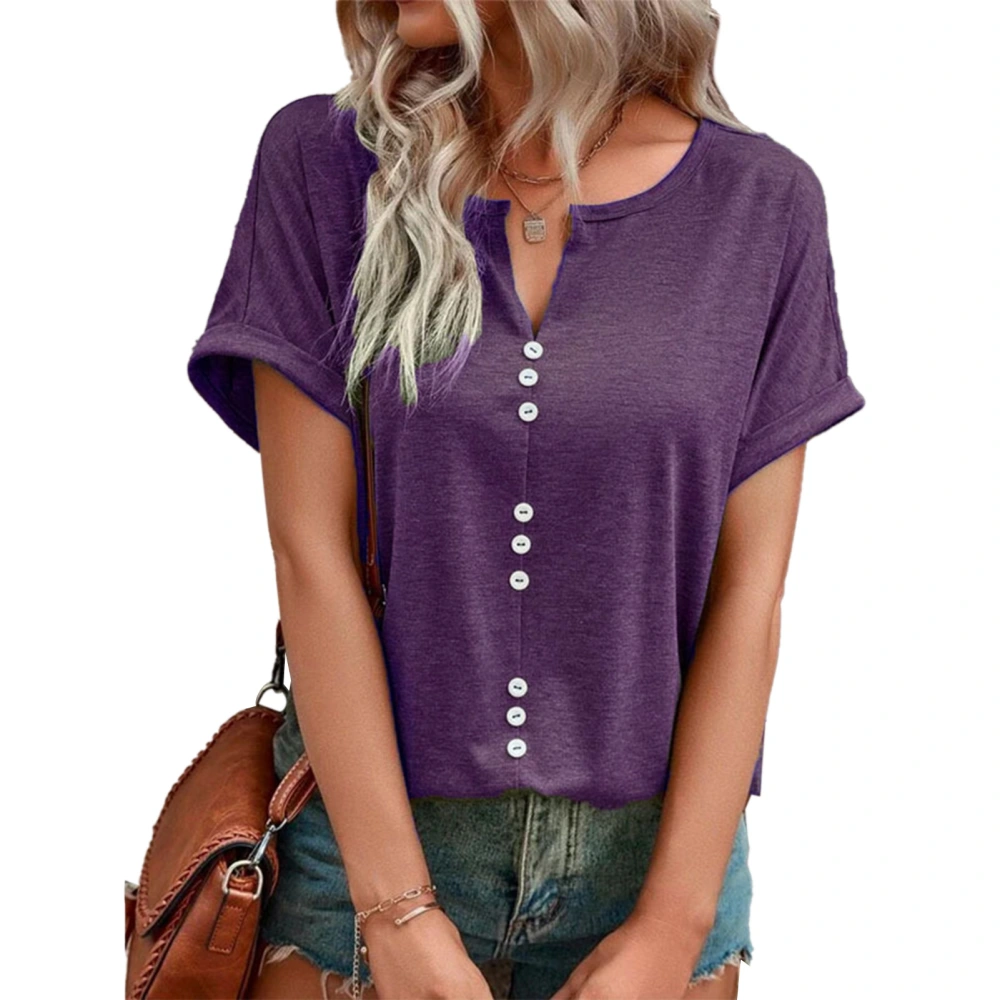 Summer Top Button Front Short Sleeve V Neck Breathable Comfortable Casual T Shirt Purple M