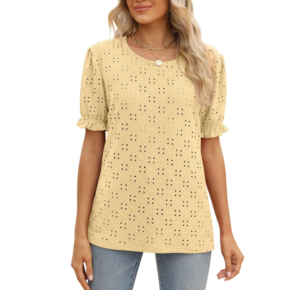 Short Sleeve Crewneck Top Women Summer Casual Elegant Pure Color Hollow Jacquard Shirt Blouse for Party Yellow M