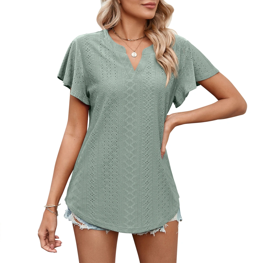 Ruffle Sleeve Tunic Blouse V Neckline Pure Color Elegant Slim Fit Hollow Blouse for Summer Pea Green XL