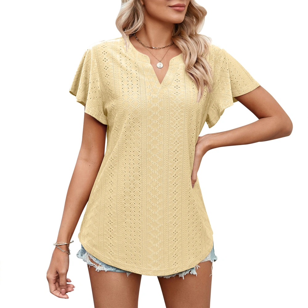 Ruffle Sleeve Tunic Blouse V Neckline Pure Color Elegant Slim Fit Hollow Blouse for Summer Yellow L