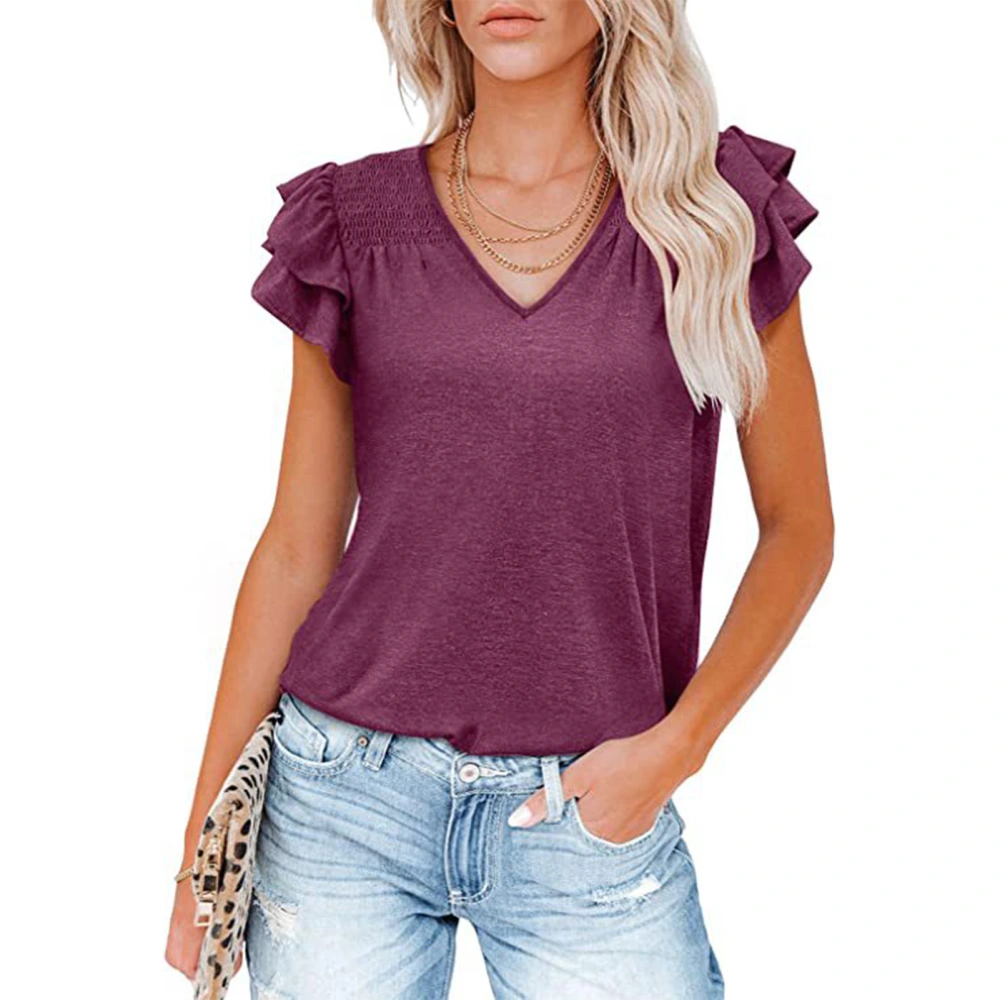 Layered Ruffle Short Sleeve Top Women Loose Casual Pure Color V Neck Ruched Shoulder Shirt Blouse Purple L