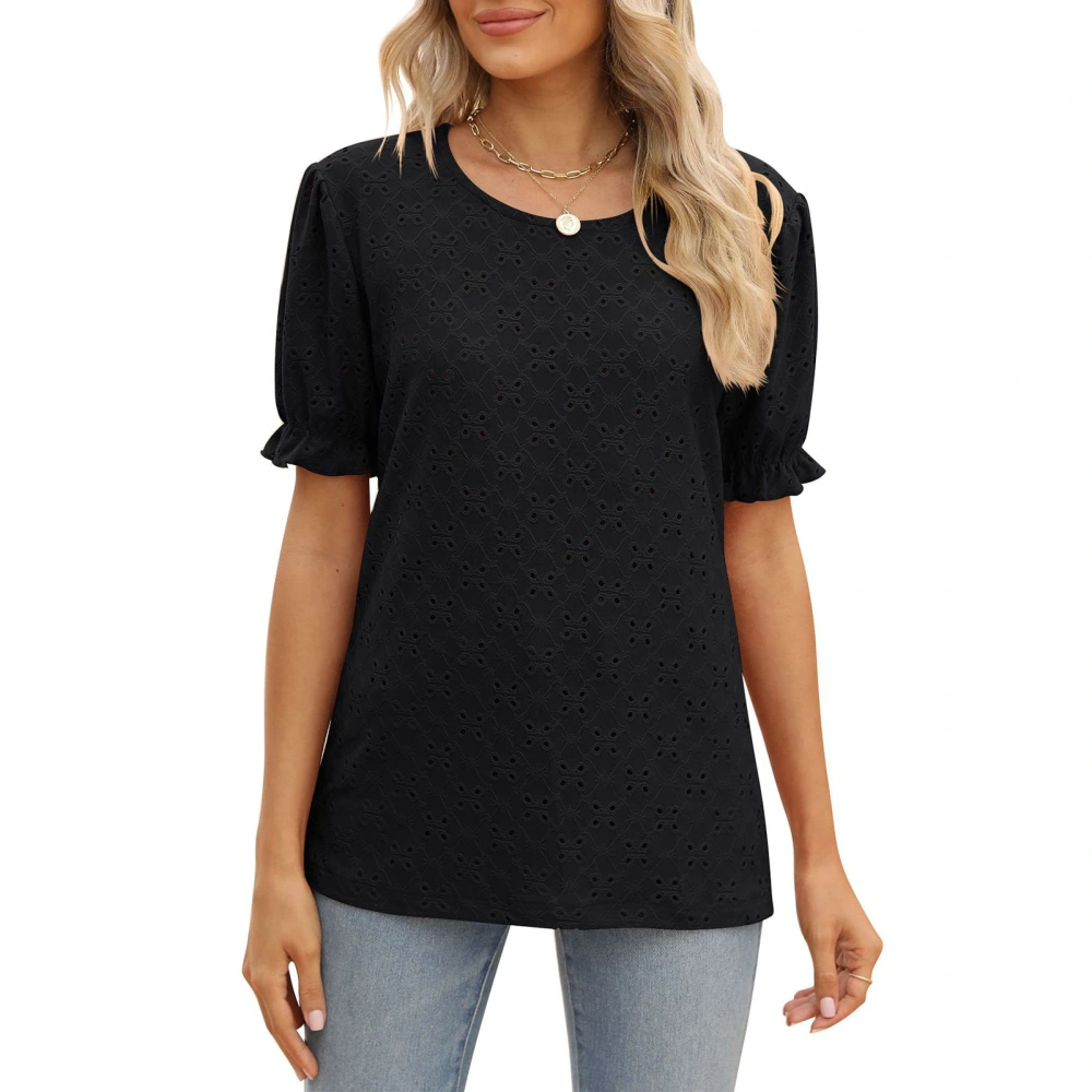 Short Sleeve Crewneck Top Women Summer Casual Elegant Pure Color Hollow Jacquard Shirt Blouse for Party Black S