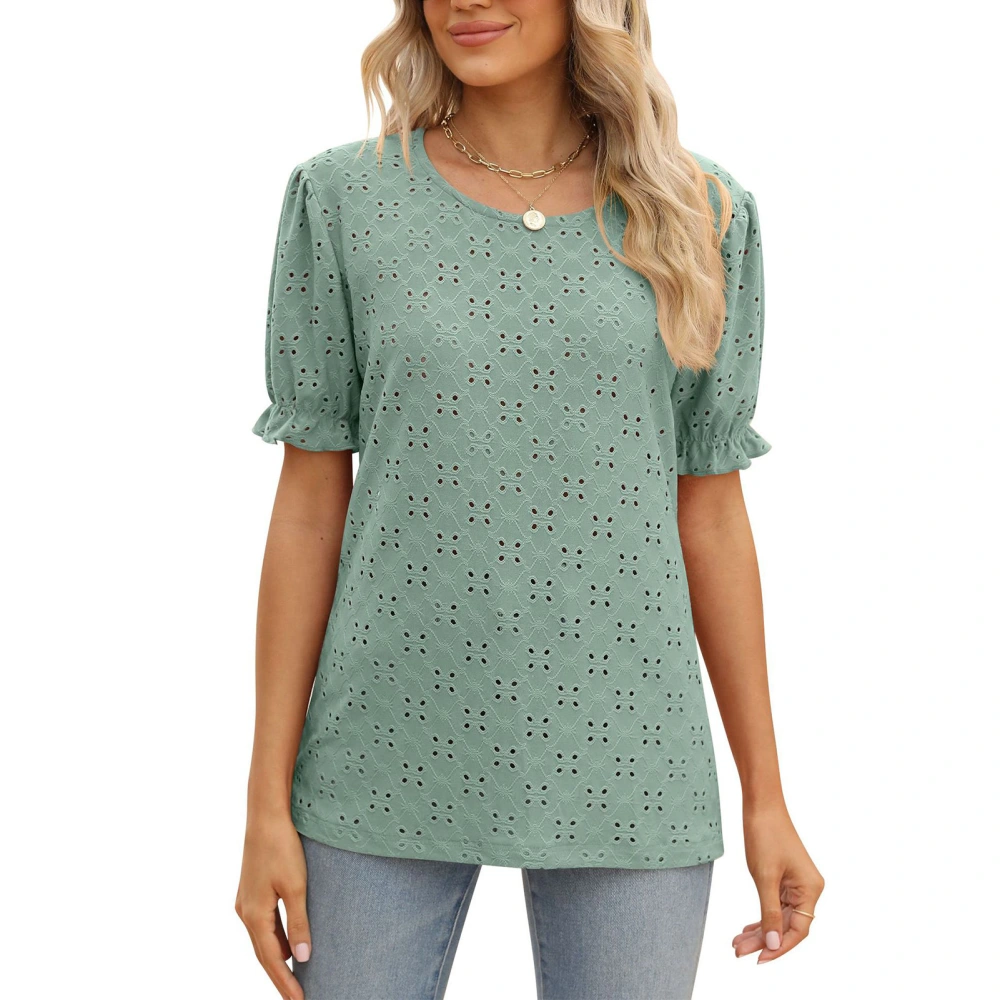 Short Sleeve Crewneck Top Women Summer Casual Elegant Pure Color Hollow Jacquard Shirt Blouse for Party Green S