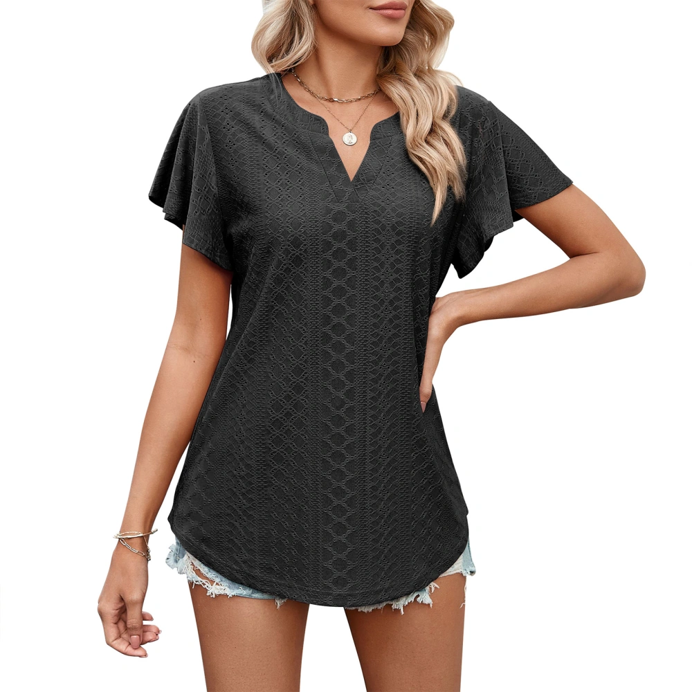 Ruffle Sleeve Tunic Blouse V Neckline Pure Color Elegant Slim Fit Hollow Blouse for Summer Black M