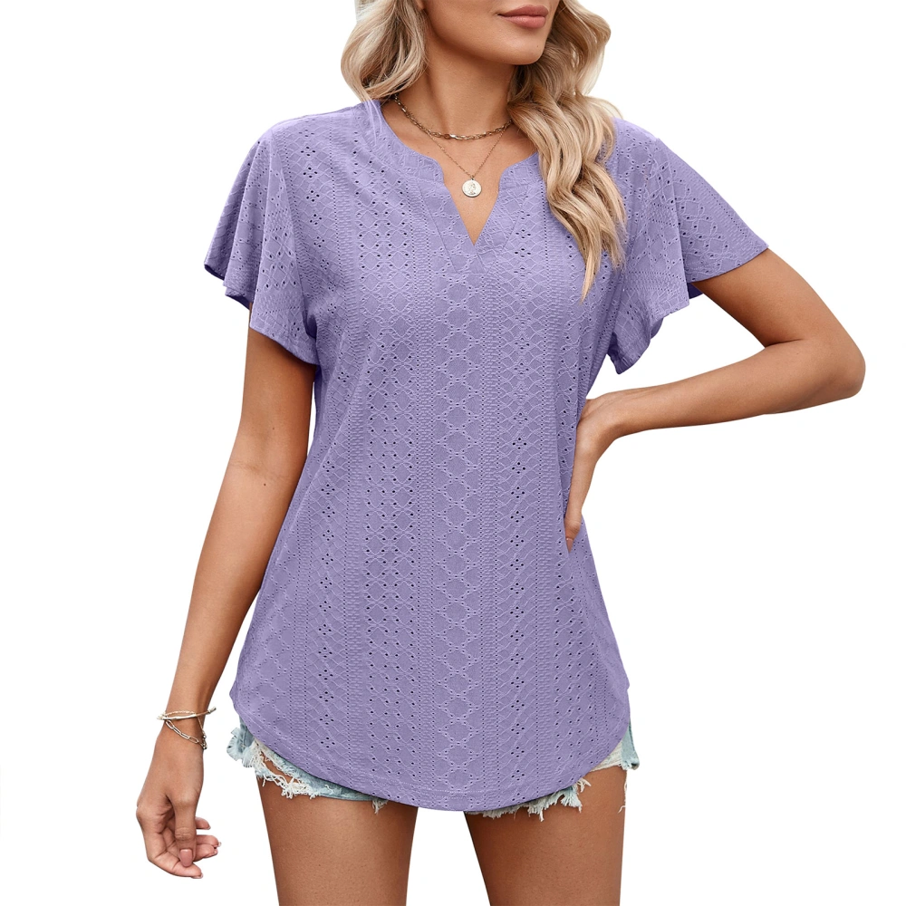 Ruffle Sleeve Tunic Blouse V Neckline Pure Color Elegant Slim Fit Hollow Blouse for Summer Purple M