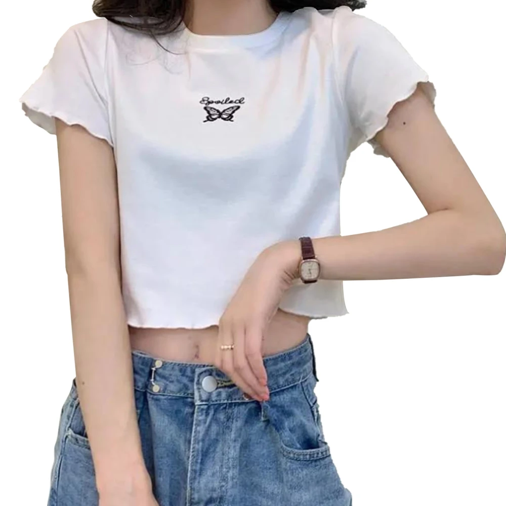 Women Crop Top Short Sleeve Casual Soft Comfortable Summer T Shirt for Home Shopping School White M