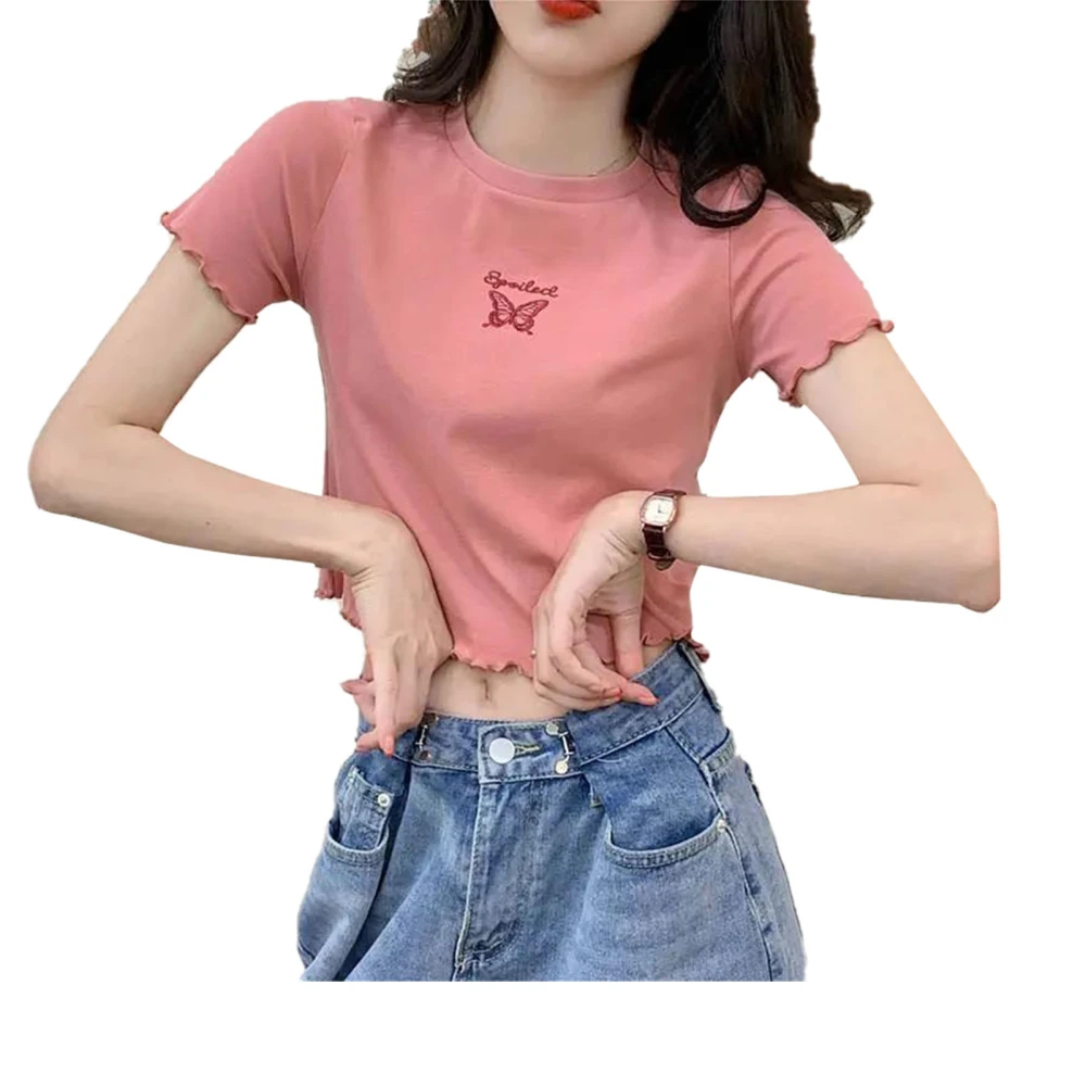 Women Crop Top Short Sleeve Casual Soft Comfortable Summer T Shirt for Home Shopping School Pink M