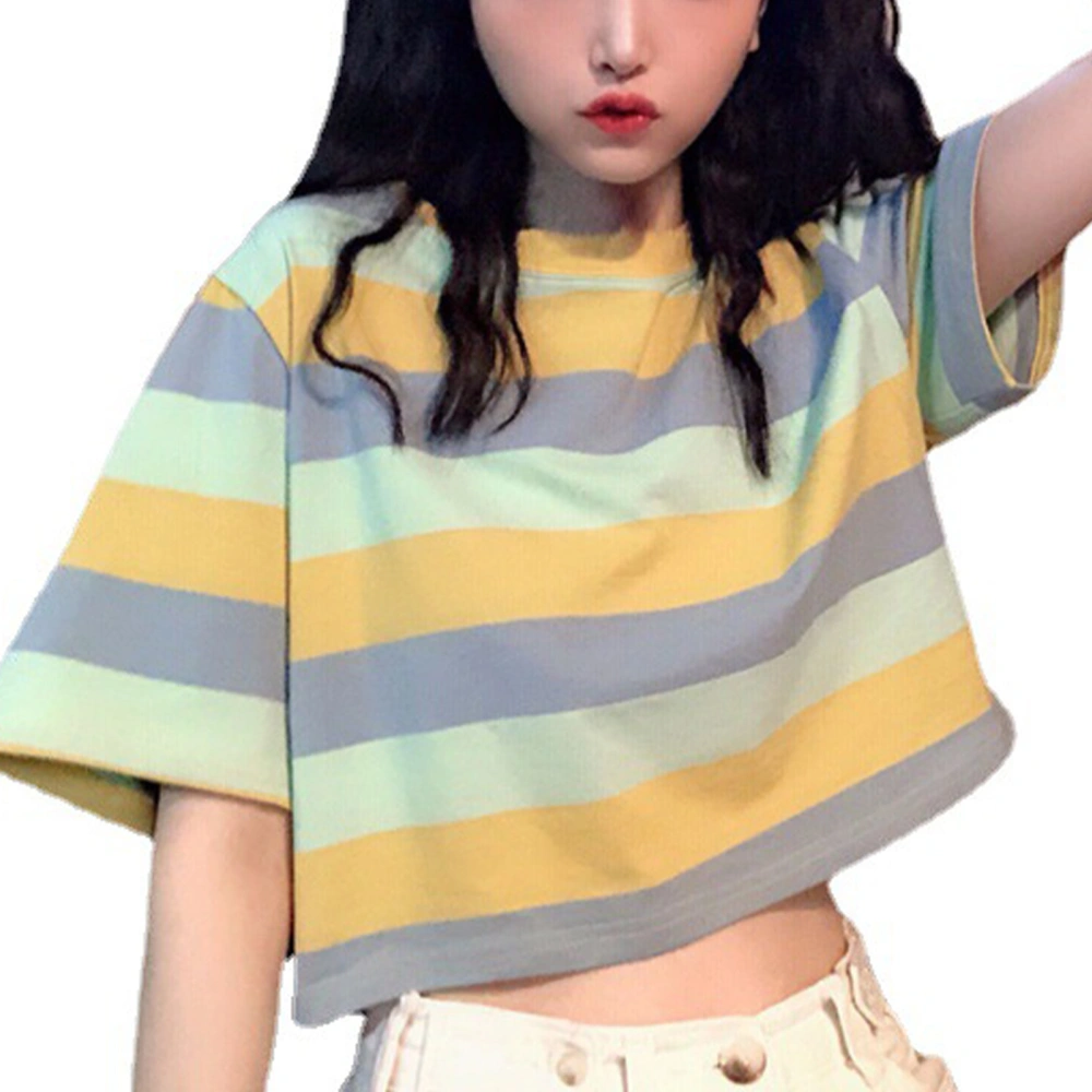 Short Sleeve Multicolor Striped T Shirt Women Loose Casual Elegant Crewneck Short Top Blouse for Party Yellow M