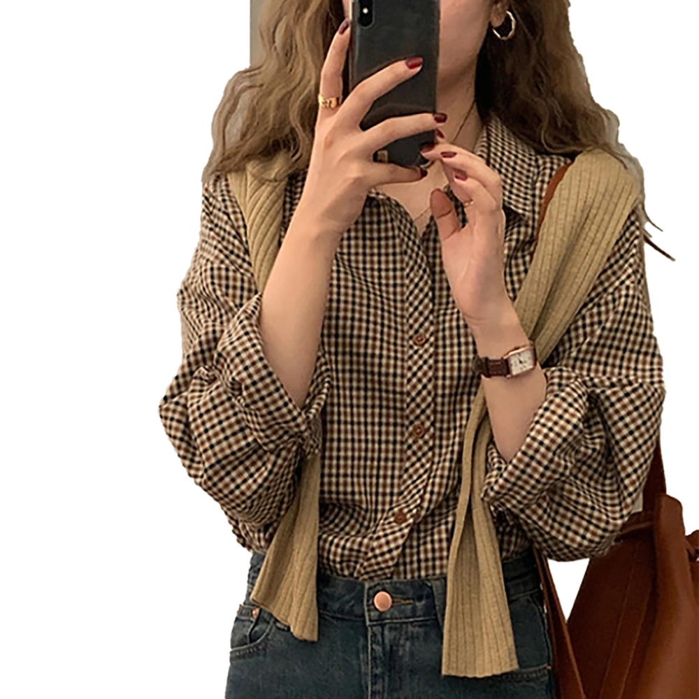 Women Plaid Shirt Long Sleeved Vintage Loose Breathable Cotton Top Commuting Casual Brown Plaid Shirt L