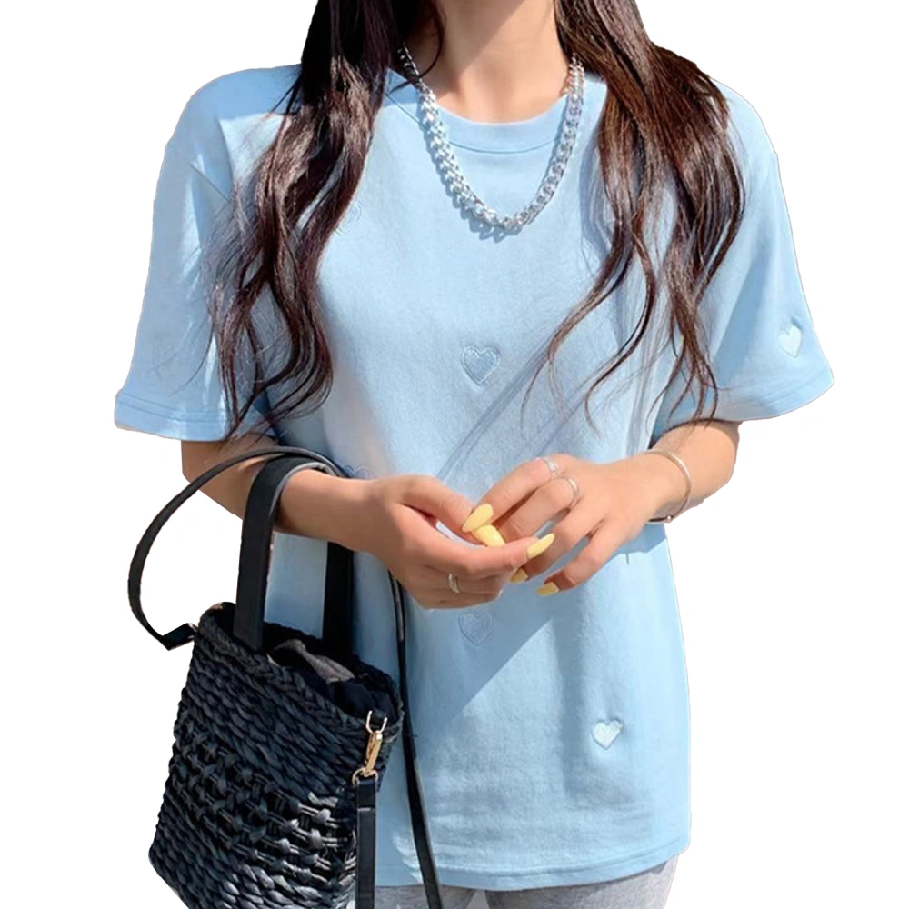 Heart Shaped Embroidered T Shirt Women Summer Loose Casual Short Sleeve Crewneck Top Blouse for Dating Blue M