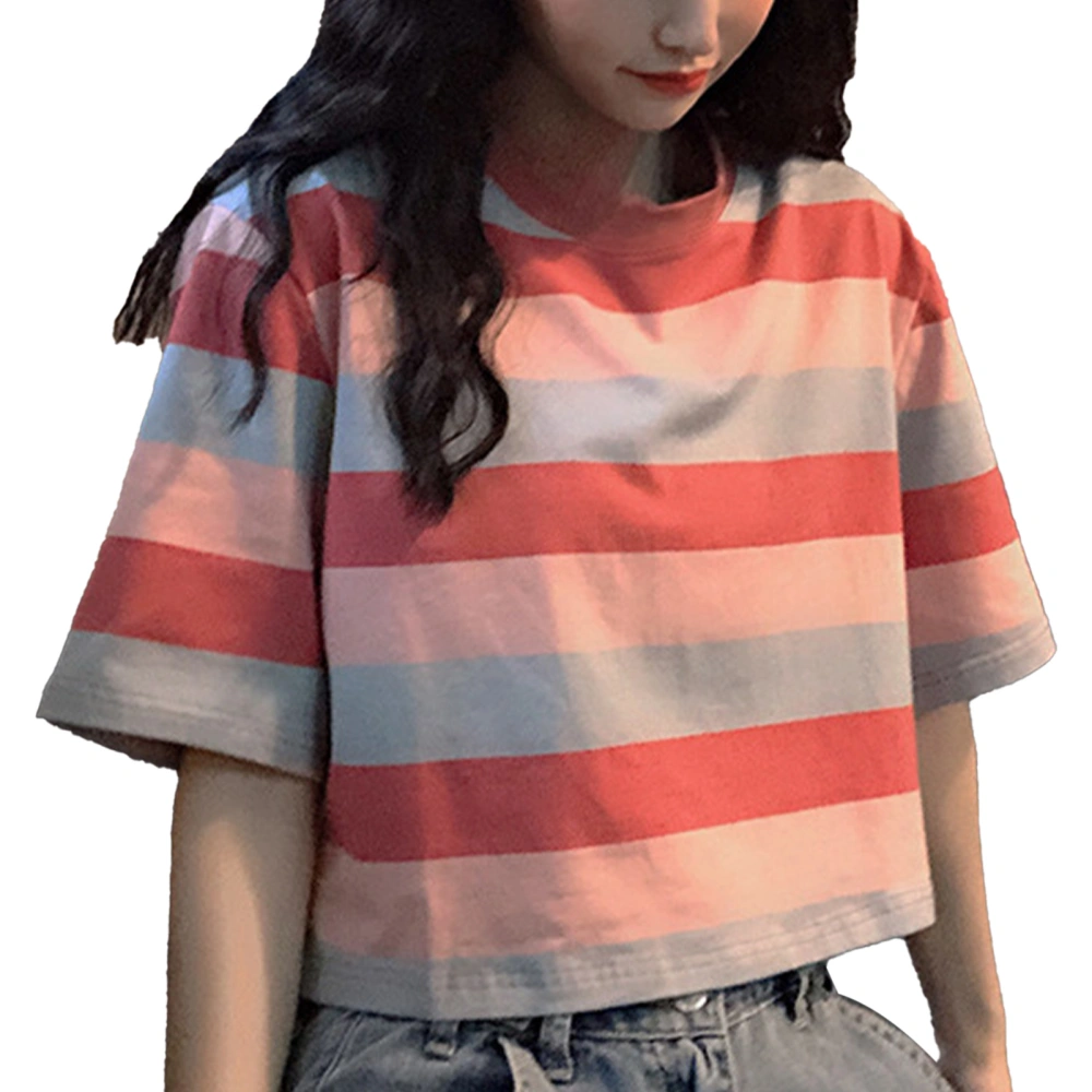 Short Sleeve Multicolor Striped T Shirt Women Loose Casual Elegant Crewneck Short Top Blouse for Party Pink M