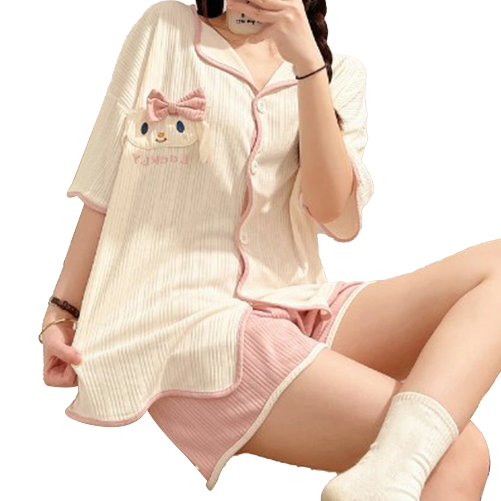 Lovely Dog Pattern Short Top Pants Pajamas Suit Breathable Soft Female Sleepwear Nightwear for Home Pink M for 150-155cm