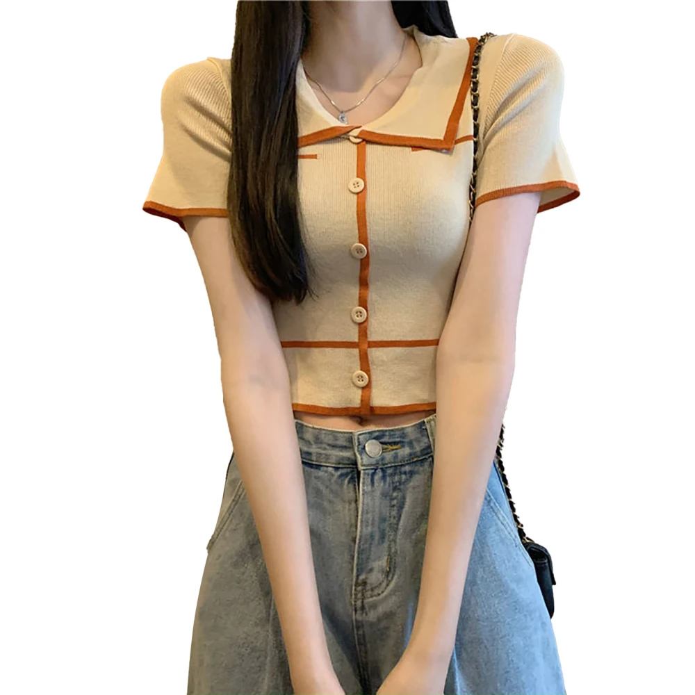 Ice Silk Short Sleeve Blouse Decorative Button Turn Down Collar Short Knitted Blouse for Summer Apricot Free Size 82.7‑132.3lb